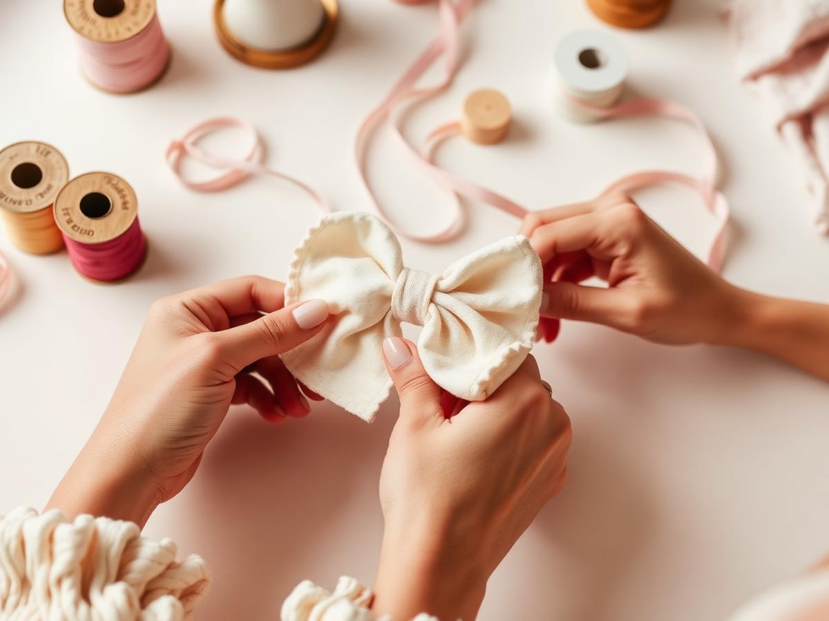 Hands tying a cream fabric hair bow at a studio table